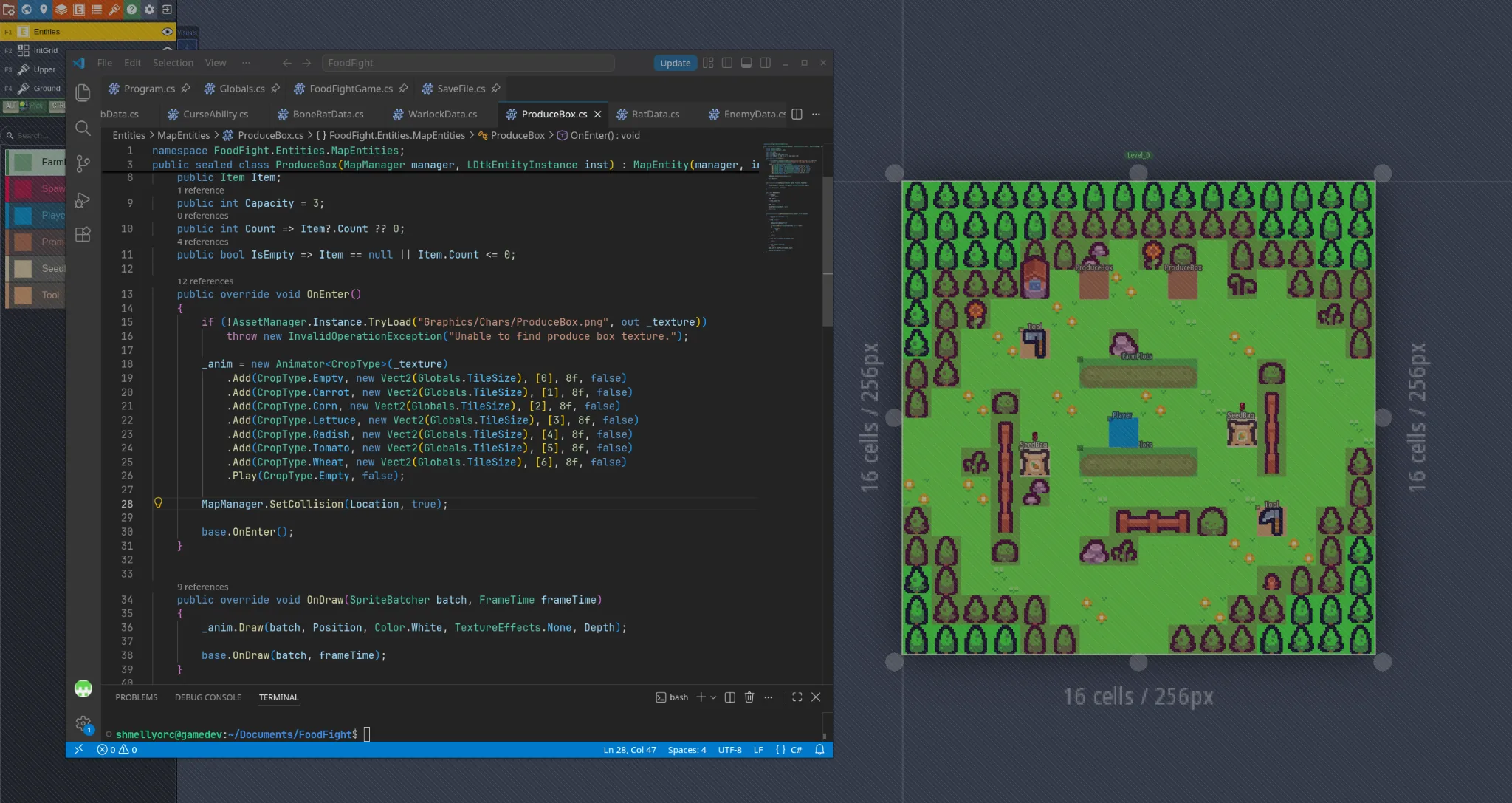 VOID game project code beside an LDtk level, showing framework lifecycle, rendering, assets, collision, and level integration.