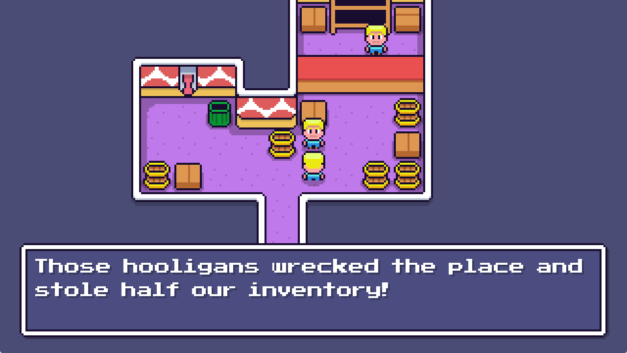 Gameplay from a game built with VOID showing characters, a room, and an in-game dialogue box.